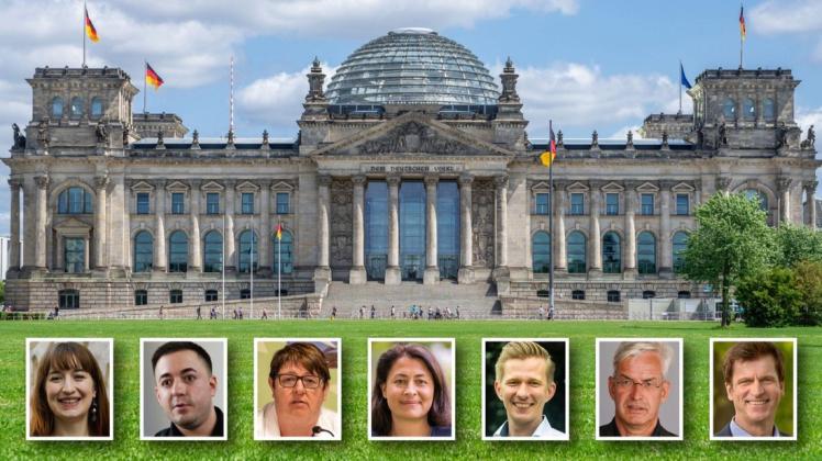 Diese sieben Kandidaten aus der Region Osnabrück haben es in den Bundestag geschafft (v.l.n.r.): Heidi Reichinnek (Die Linke), Manuel Gava (SPD), Anke Hennig (SPD), Filiz Polat (Grüne), Matthias Seestern-Pauly (FDP), Mathias Middelberg (CDU), André Berghegger (CDU).