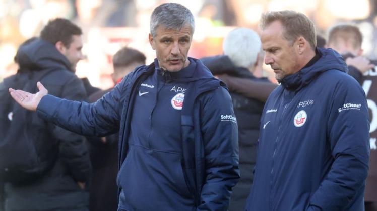 Manager Martin Pieckenhagen (r.) und Jens Härtel arbeiten seit Januar 2019 eng zusammen. Der Vertrag des Trainers endet im Sommer. Hansa setzt auf Kontinuität, eine Verlängerung ist daher angedacht.