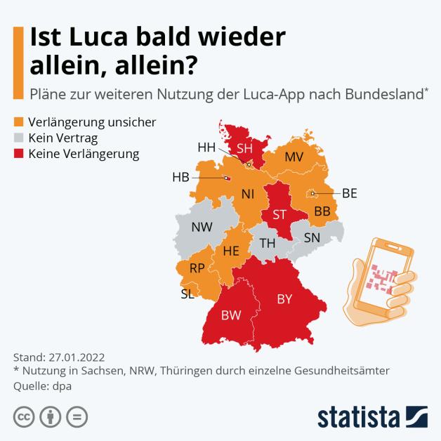 Diese Grafik zeigt die Pläne zur weiteren Nutzung der Luca-App nach Bundesland. Diese Grafik zeigt die Pläne zur weiteren Nutzung der Luca-App nach Bundesland.