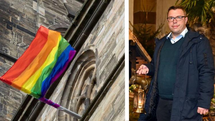 An der katholischen Johanniskirche in Osnabrück hängt eine Regenbogenfahne. Nur mit queeren Menschen können wir die Kirche verändern, niemals ohne sie, sagt auch der Ankumer Pfarrer Michael Franke.