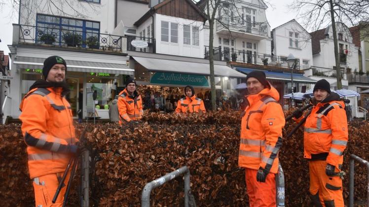 Beim Fachschnitt für die Buchenbaum-Hecke am Alten Strom: Thomas Schultz, Karl Koß, Jeremy Börner, Ausbilder Konstantin Wulff und Alexander Pinnow (v. l.). Beim Fachschnitt für die Buchenbaum-Hecke am Alten Strom: Thomas Schultz, Karl Koß, Jeremy Börner, Ausbilder Konstantin Wulff und Alexander Pinnow (v. l.).