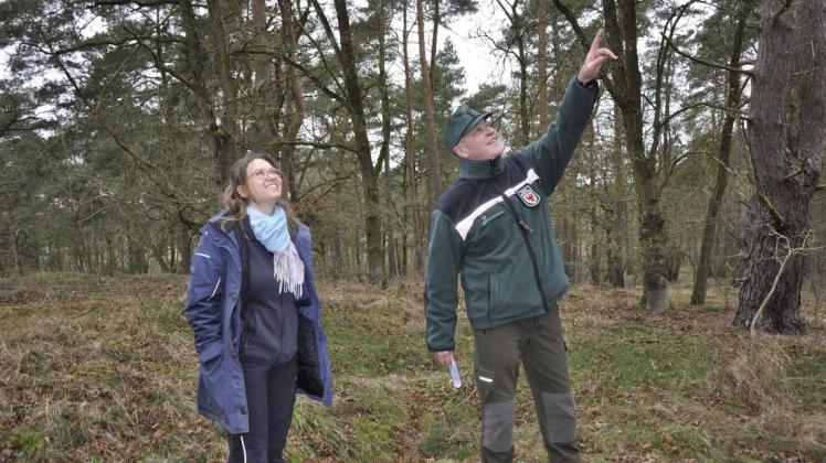 Stimmen sich vor den Waldpflegearbeiten vor Ort noch einmal ab: Stefanie Luka von der Stiftung NaturSchutzFonds Brandenburg sowie Stefan Koepp, Leiter des Revieres Dobberzien.