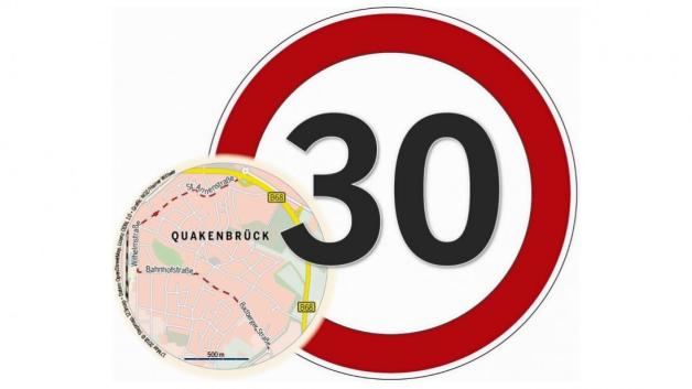 Auf dem „inneren Ring“ in der Stadt Quakenbrück soll künftig eine Höchstgeschwindigkeit von 30 km/h gelten. Mit dem Antrag der SPD wird sich der Quakenbrücker Stadtrat beschäftigen. Grafik: Heiner Wittwer