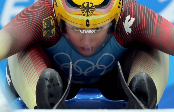 BEIJING, CHINA - FEBRUARY 8, 2022: Germany s Anna Berreiter competes in a women s singles luge heat at the Yanqing Natio