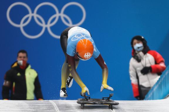 BEIJING, CHINA - FEBRUARY 12, 2022: Hannah Neise of Germany competes in the women s skeleton event at the 2022 Winter O