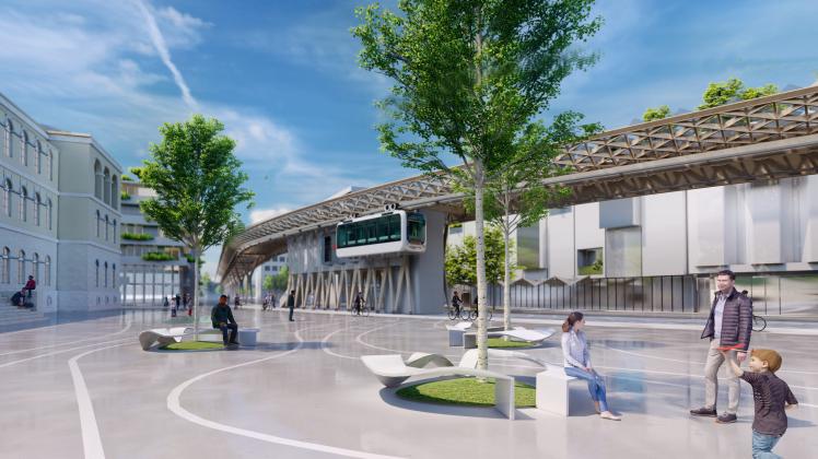 Solar-Schwebebahn Sunglider auf dem Osnabrücker Neumarkt (Vision 2035); Entwurf Peter Kuczia; Stand 16. Februar 2022
