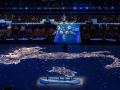 BEIJING, CHINA   FEBRUARY 20, 2022: The snowflake-shaped Olympic cauldron and the map of Italy are seen at the closing