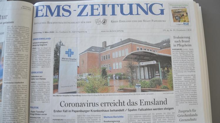 „Coronavirus erreicht das Emsland“, titelte die Ems-Zeitung am 5. März 2020 unter einem Foto vom Marien-Hospital in Papenburg.