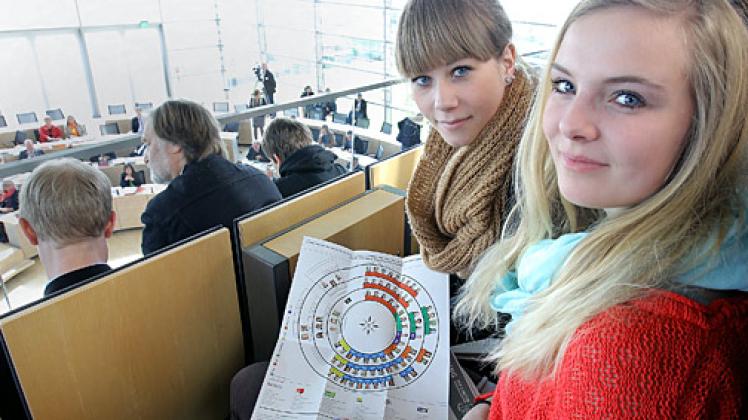 Wer sitzt wo? Kristina Stang (l.) und Julia Hannemann auf der Besuchertribüne des Kieler Landtages. Foto: Michael Staudt