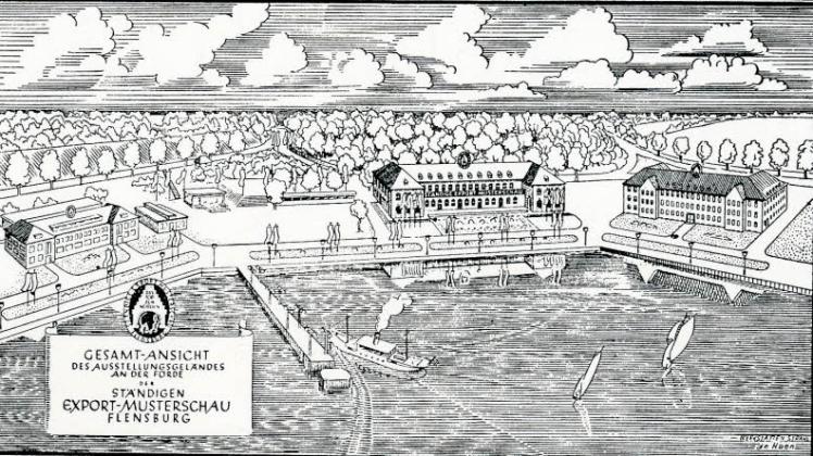 Auf der Zeichnung kaum wiederzuerkennen: Der Marinestützpunkt Mürwik, der für die Messe genutzt wurde.