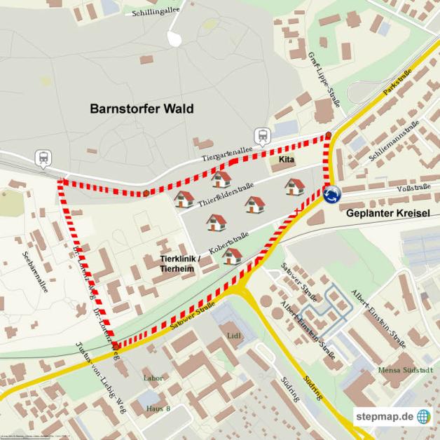 Rot eingerahmt ist das B-Plan-Gebiet Thierfelderstraße. Grafik: Stepmap Rot eingerahmt ist das B-Plan-Gebiet Thierfelderstraße. Grafik: Stepmap