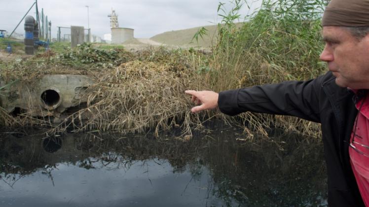 Naturführer Frank Götz-Schlingmann zeigt in der Peene auf ein Abwasserrohr vom Gelände der Zuckerfabrik Anklam.