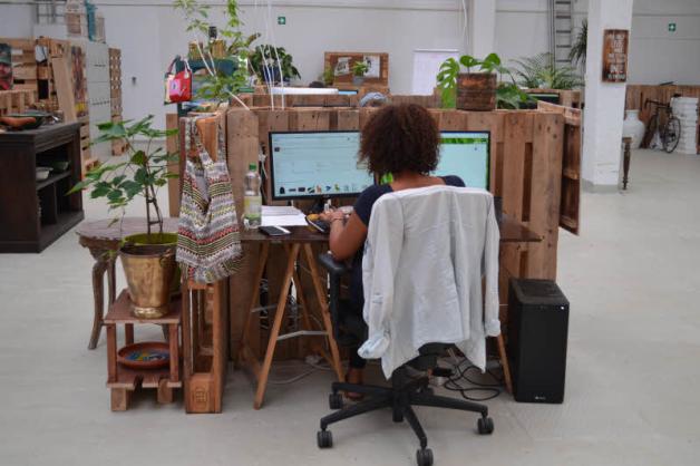 Klassischer Arbeitsplatz: Zwei Paletten, ein Schreibtisch, ein Rechner und viel Grün