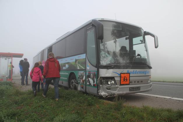 Schulbus kracht bei Dummerstorf bei Nebel in Auto - eine Verletzte Schulbus kracht bei Dummerstorf bei Nebel in Auto - eine Verletzte
