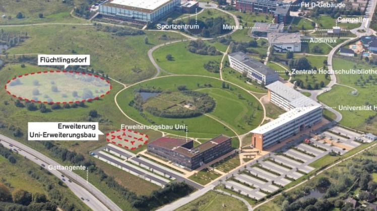 An der Flensburger Osttangente (vorne links) plante das Land auf dem Hochschulcampus auf rund 10.000 Quadratmetern ein Flüchtlingsdorf aus bis zu acht Gebäuden als Erstaufnahmeeinrichtung. Jetzt steht in den Sternen, ob es je gebaut wird.