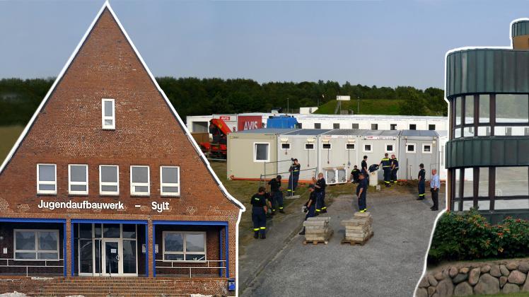 Künftige Optionen zur Unterbringung von Flüchtlingen auf Sylt: das JAW-Heim in Hörnum (links), ein Container-Dorf (Mitte) oder das Haus Quickborn in Westerland