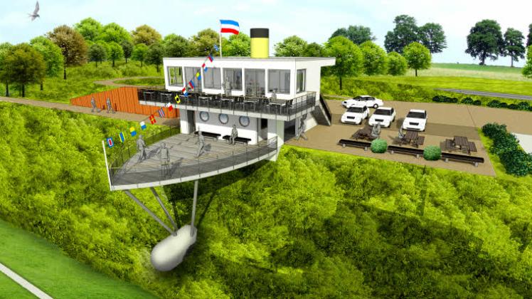 Der neue Vorschlag: Der in die Kanalböschung integrierte Schiffsbug soll um ein Gebäude ergänzt werden, das an eine Schiffsbrücke erinnert. In den Räumlichkeiten ist ein Restaurant- oder Bistrobetrieb vorgesehen.