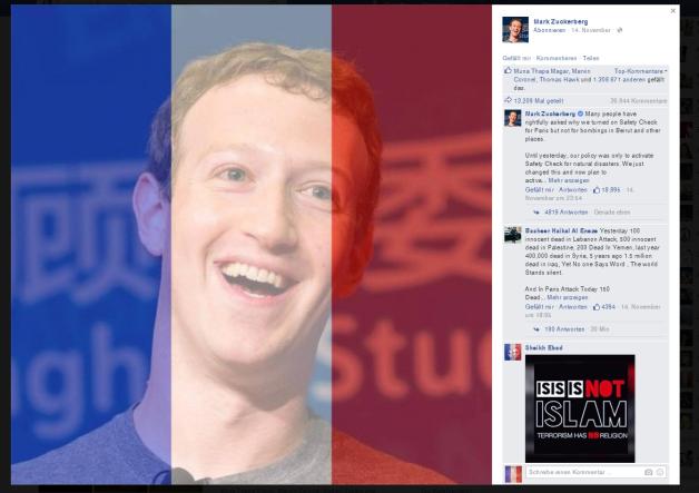 Mark Zuckerberg färbte sein Profilfoto auch kurzzeitig in den Farben der französischen Tricolore. 