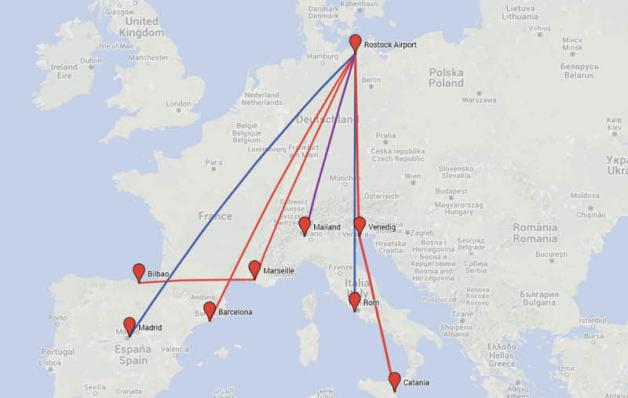 Von sechs Zielen aus wird im kommenden Jahr der Airport Laage angesteuert: Neben Mailand, Madrid und Rom kommen Bilbao, Barcelona und Catania/Venedig neu hinzu. Grafik: Airport Laage