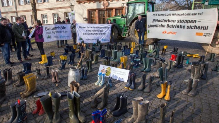 Im Vorfeld der Agrarministerkonferenz protestierten Landwirte vor dem Agrarministerium in Schwerin. 