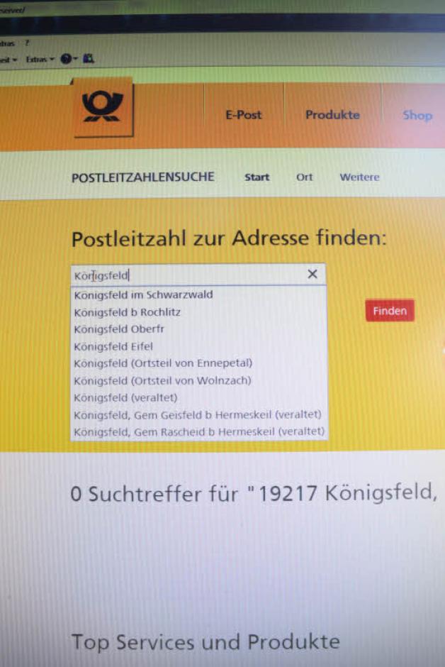 Vergebliche Suche: 19217 Königsfeld ist auf der Post-Internetseite nicht zu finden.
