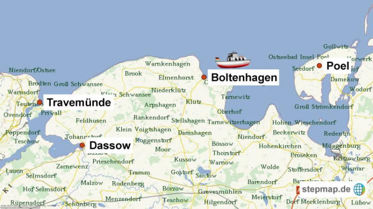 Von Rostock aus sollte das Boot über die Ostsee und die Trave nach Berlin überführt werden. Dann wurde es manövierunfähig.  Grafik: Stepmap, 123map, OpenStreetMap, ODbL 1.0  
