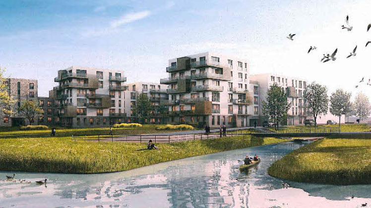 So stellt sich die BG Neptun ihre zwei neuen Mehrfamilienhäuser mit 70 Wohnungen und Balkonen vor. Der Bauausschuss kritisiert formale Überschreitungen.