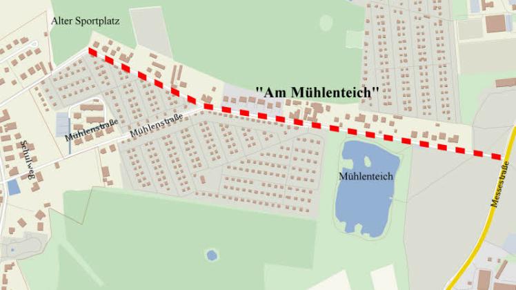 Der nördliche Teil der Mühlenstraße zwischen Alter Sportplatz und der Messestraße wird umbenannt und neu beziffert. Der gekennzeichnete Bereich soll ab Juli „Am Mühlenteich“ heißen.  Grafik: Stepmap 