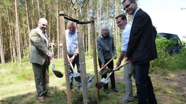 Symbolisch nahmen (v. l.) am „Kaiserhalt“ Urenkel Victor von Podbielski, Bürgermeister Udo Staeck, Enkeltochter Anna-Margarethe von Podbielski sowie die Ortsvorsteher André Lüdemann und Andreas Much, die Pflanzung der alten Kirschsorte „Minister von Podbielski“ vor.  Fotos: Manfred Drössler 