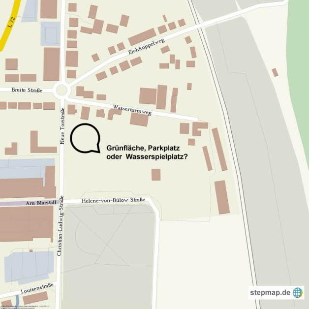 Diese Fläche zwischen Wasserturmweg und Helene-von-Bülow-Straße soll neu gestaltet werden. Karte: Stepmap,123map, OpenStreetMap, ODbL 1.0 Diese Fläche zwischen Wasserturmweg und Helene-von-Bülow-Straße soll neu gestaltet werden. Karte: Stepmap,123map, OpenStreetMap, ODbL 1.0