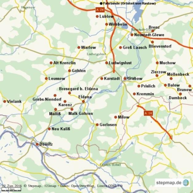 Das Verbreitungsgebiet des Ludwigsluster Tageblattes erstreckt sich von der A 24 im Norden bis zur Elbe im Süden, von Vielank im Westen bis Brunow im Osten.   Grafik: Stepmap,123map, OpenStreetMap, ODbL 1.0 