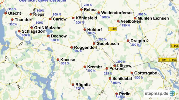 Den höchsten Gewerbesteuerhebesatz in der Region verlangen mit 330 Prozent Dechow und Thandorf. Am günstigsten ist es für Firmen in Königsfeld, Dragun, Rögnitz und noch in Gadebusch.  Grafik: Stepmap, 123map, OpenStreetMap, ODbL 1.0  