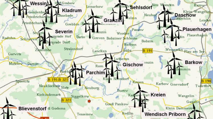 In dieser Region sind derzeit 14 weitere Windeignungsgebiete vorgesehen, zu denen sich die Gemeinden geäußert haben. (Die Windräder können nur eine näherungsweise Darstellung der Lage der Gebiete darstellen, Brunow und Blievenstorf liegen außerhalb des Kartenbereichs, aber in der Nähe unserer Region.)  Grafik: Stepmap,123map, OpenStreetMap, ODbL 1.0 