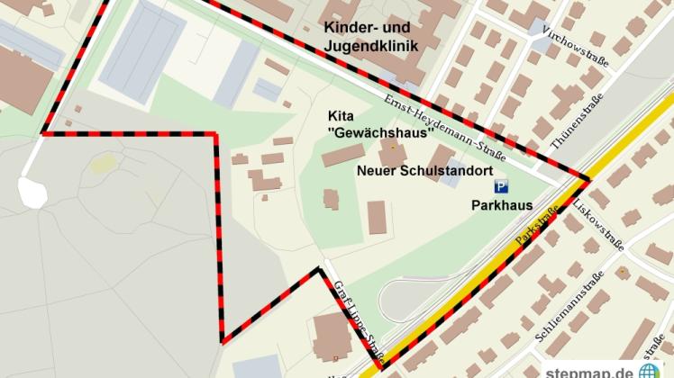 Für das Sondergebiet südlich der Ernst-Heydemann-Straße soll die Stadt einen Bebauungsplan aufstellen. Die Unimedizin plant unter anderem ein neue Schule und ein Parkhaus.  Grafik: Stepmap, 123map, OpenStreetMap, ODbL 1.0 
