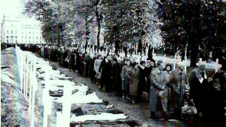 Ludwigsluster durchschreiten am 7. Mai 1945 die Reihen der verhungerten Opfer.  Repro: Kenzler 