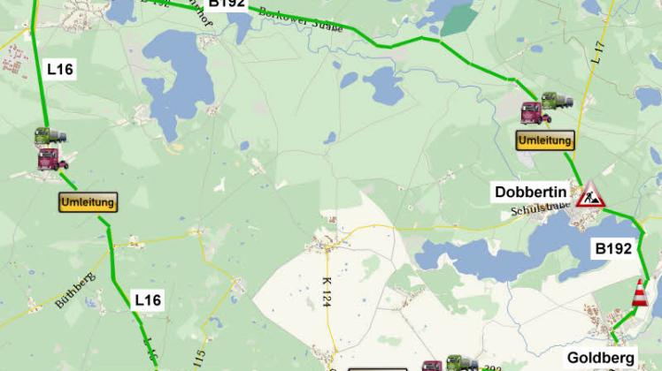 Umleitung vom 20. Juni an: Ortsdurchfahrt Dobbertin wird saniert, teilt das Straßenbauamt Schwerin mit. Die grüne Linie zeigt die Umleitungsstrecke an – sie gilt während der gesamten Bauphase vor allem für Lkw.  Grafik: Stepmap, 123map, OpenStreetMap, ODbL 1.0 