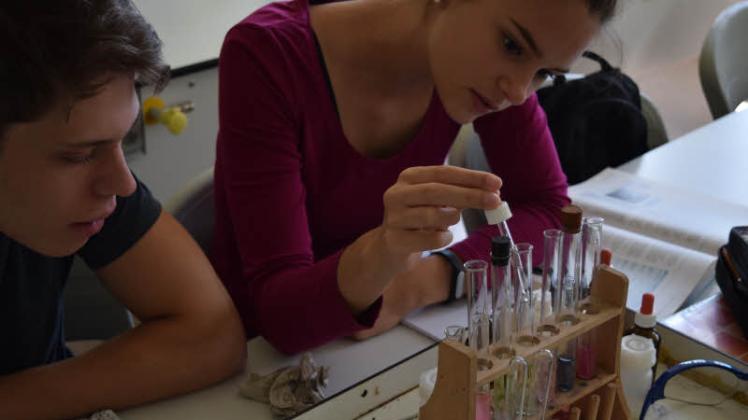 Lois Hamann und Jasmin Jahnke im Projekt „Chemische Analyse“.  