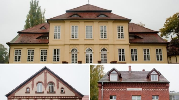 Die Kombination aus fünf Fotos zeigt Fassaden historischer Häuser des Ortes Sauen. Das Obere Bild ist das ehemalige Wohnhaus von August Bier.  Fotos: klaus-dieter Gabbert 