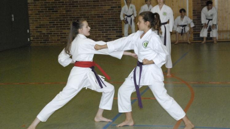 Fortgeschrittene Karatekunst: Die Violettgurt-Trägerinnen (5. oder 4. Kyu) Saskia Henning (l.) und Mira Neumann