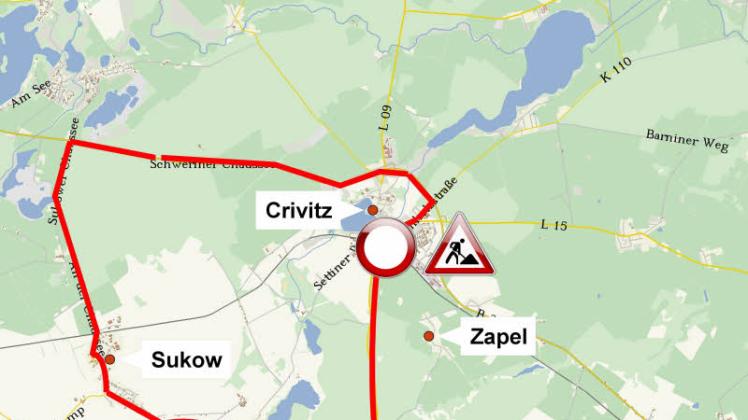 Sechs Wochen ist die rot markierte Strecke als offizielle Umleitung für die Vollsperrung in der Trammer Straße in Crivitz ausgewiesen.   Karte: Stepmap, 123map, OpenStreetMap, ODbL 1.0 