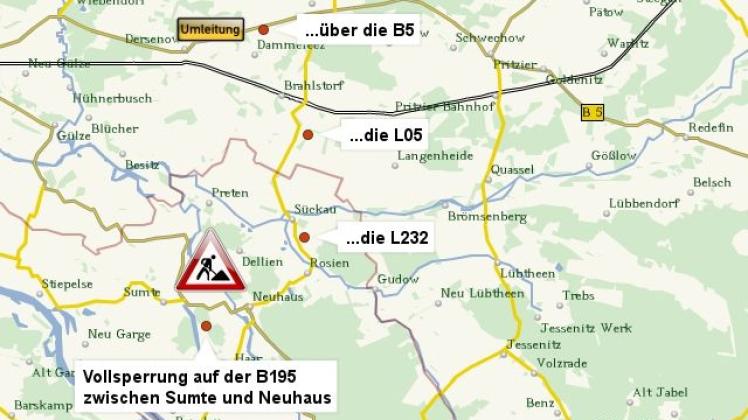 Vollsperrung der B195 zwischen Sumte und Neuhaus: Umgeleitet wird über die B5, L05, L232.  (Karte: Stepmap, 123map, OpenStreetMap, ODbL 1.0) 