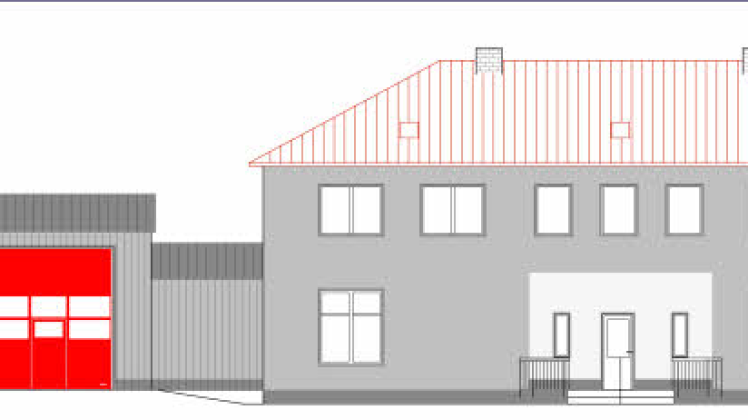 So soll das Belliner Dorfgemeinschaftshaus mit dem Anbau für die Feuerwehr von der Straßenseite aus aussehen.  Grafik: Ingenieurbüro Marx 