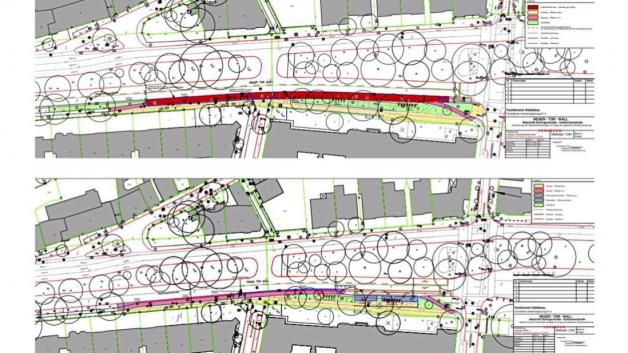 Oben: der Entwurf des Fachbereichs Städtebau für eine Protected Bike Lane am Heger-Tor-Wall zwischen Dielinger- und Katharinenstraße (oben). Unten: Variante zwei mit einem Radweg. Grafiken: Stadt Osnabrück