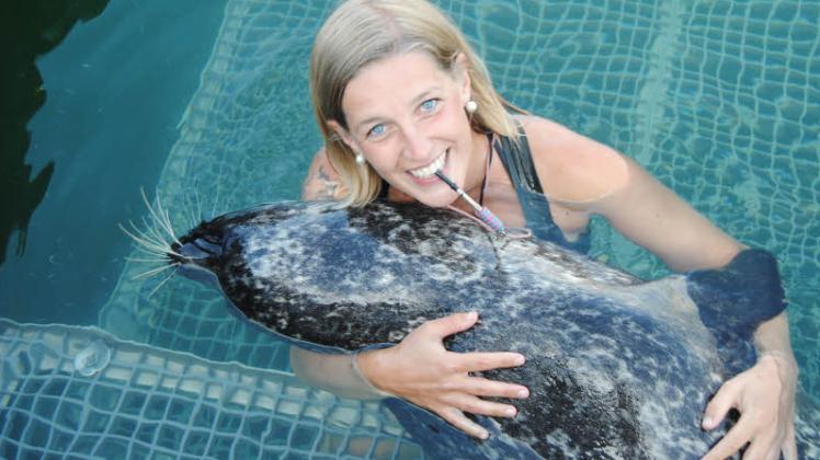 Doktorandin Jenny Byl arbeitet mit Seehund Bill, der begeistert von dieser doppelten Unterwasserplattform ist. Auch außerhalb des Trainings ist das einer seiner Lieblingsplätze.    
