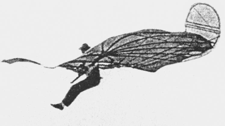 Das Foto aus dem Jahr 1893 zeigt den deutschen Ingenieur und Flugpionier Otto Lilienthal bei einem seiner Gleitversuche in Steglitz.  