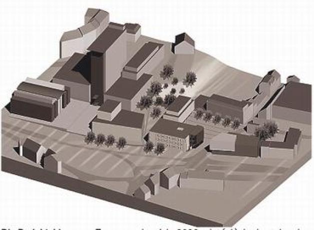 Die Projektskizze von Exner aus dem Jahr 2006 zeigt (v.l.) das bestehende Dienstleistungszentrum, die Freifläche an der Wasserwand, den jetzt diskutierten Neubau, die Sydbank und das Kloster zum Heiligen Geist. Der Querbau hinter der Sydbank ist derzeit nicht in Planung.