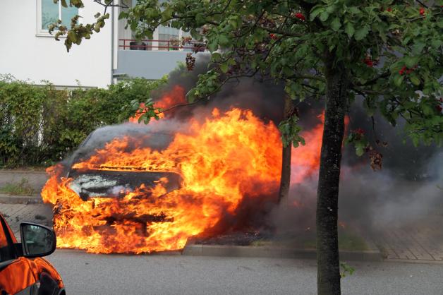 Auto lichterloh in Toitenwinkel in Flammen - Ursache offenbar technischer Defekt - Feuer greift auf Baum über