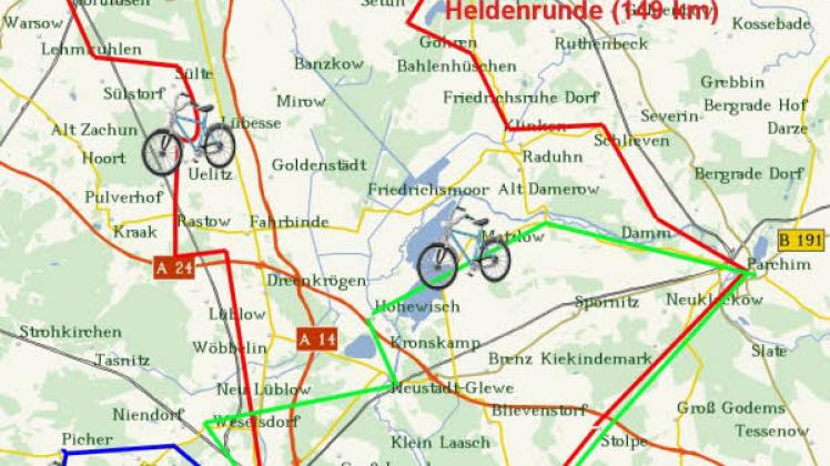 Die Linien in Rot, Blau und Gelb zeigen schematisch den Streckenverlauf der drei Routen.       Karte: Stepmap, 123map, OpenStreetMap, ODbL 1.0