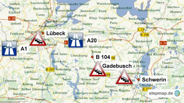 Wer von Schwerin nach Lübeck will, muss mit Staus auf der B 104 und A20 rechnen.  Grafik: Stepmap, 123map, OpenStreetMap, ODbL 1.0 
