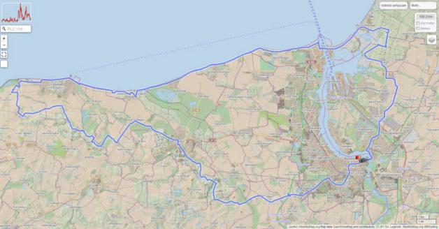 Der Rundkurs führt die Wanderer von Rostock über Warnemünde, Kühlungsborn und Bad Doberan. Grafik: Screenshot www.gpsies.com Der Rundkurs führt die Wanderer von Rostock über Warnemünde, Kühlungsborn und Bad Doberan. Grafik: Screenshot www.gpsies.com